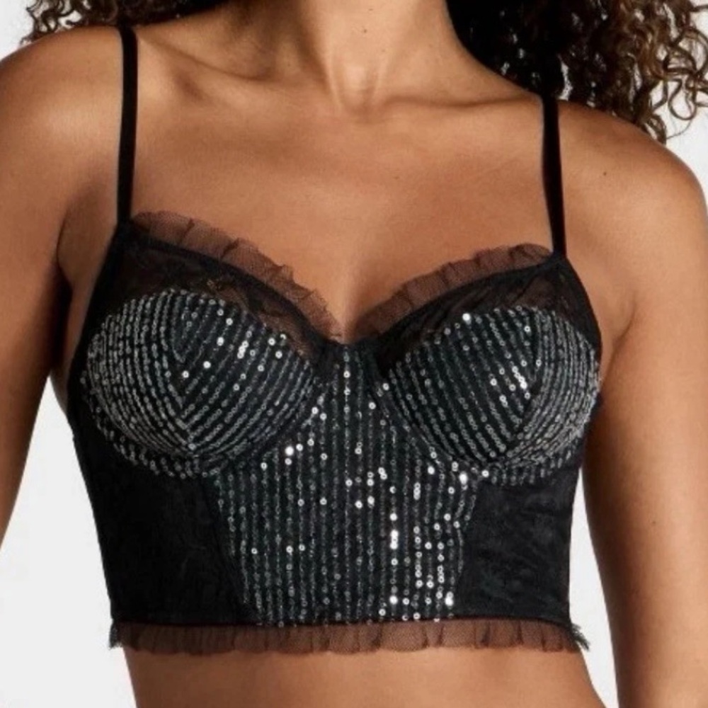 Sexy Black Sequin & Lace Longline Bralette & Panty Set